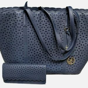 Michael Kors blue laser cut tote with matching wal